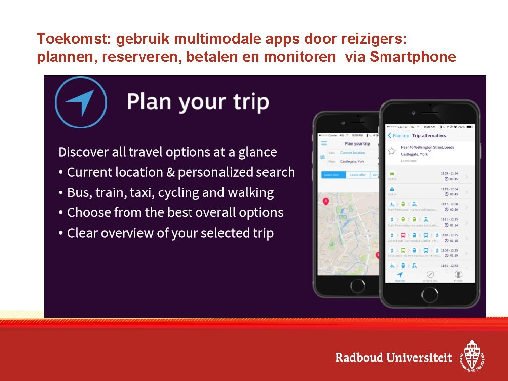 Toekomst: gebruik multimodale apps door reizigers: plannen, reserveren, betalen en monitoren via Smartphone 