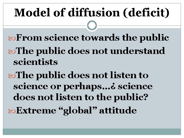 Model of diffusion (deficit) From science towards the public The public does not understand