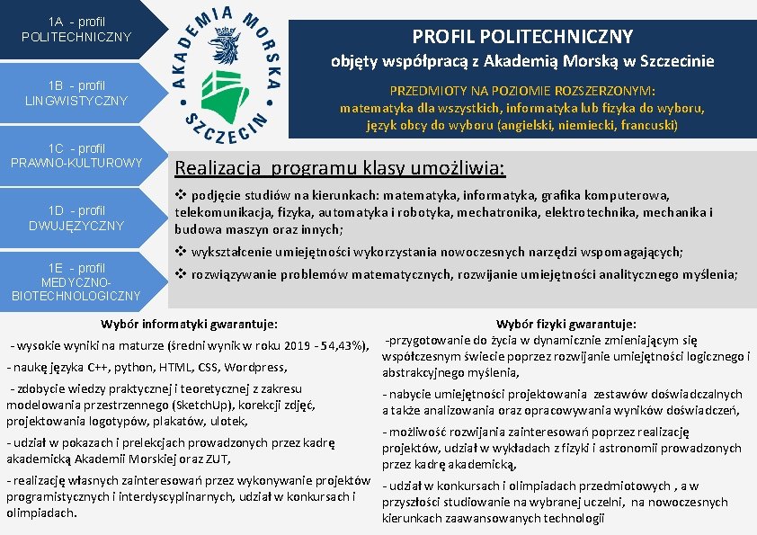 1 A - profil POLITECHNICZNY PROFIL POLITECHNICZNY objęty współpracą z Akademią Morską w Szczecinie