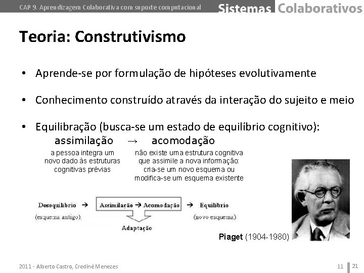 CAP 9. Aprendizagem Colaborativa com suporte computacional Teoria: Construtivismo • Aprende-se por formulação de