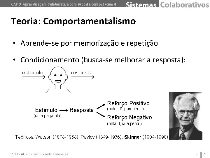 CAP 9. Aprendizagem Colaborativa com suporte computacional Teoria: Comportamentalismo • Aprende-se por memorização e