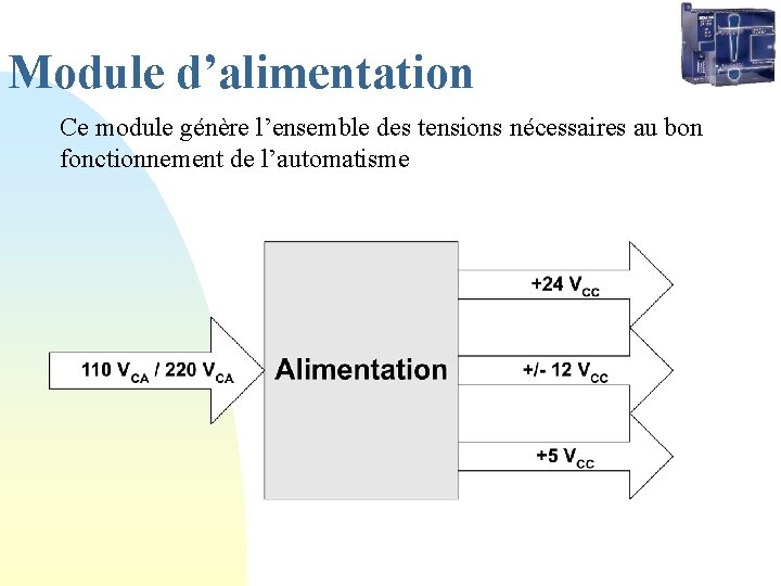 Module d’alimentation Ce module génère l’ensemble des tensions nécessaires au bon fonctionnement de l’automatisme Module d’alimentation Ce module génère l’ensemble des tensions nécessaires au bon fonctionnement de l’automatisme
