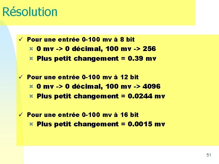 Résolution ü Pour une entrée 0 -100 mv à 8 bit ¤ 0 mv Résolution ü Pour une entrée 0 -100 mv à 8 bit ¤ 0 mv