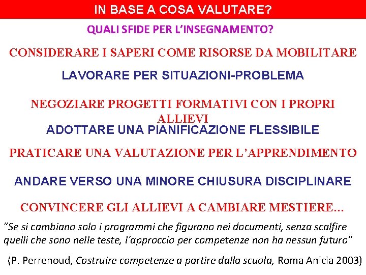 IN BASE A COSA VALUTARE? QUALI SFIDE PER L’INSEGNAMENTO? CONSIDERARE I SAPERI COME RISORSE