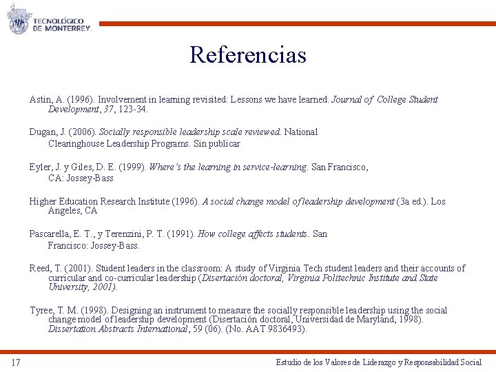 Referencias Astin, A. (1996). Involvement in learning revisited: Lessons we have learned. Journal of