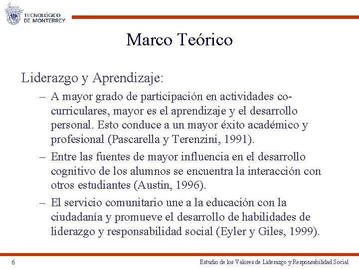 Marco Teórico Liderazgo y Aprendizaje: – A mayor grado de participación en actividades cocurriculares,