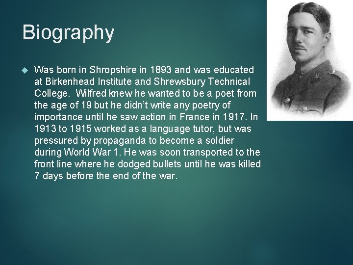 Biography Was born in Shropshire in 1893 and was educated at Birkenhead Institute and