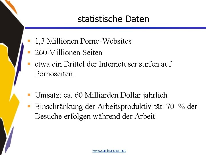 statistische Daten § 1, 3 Millionen Porno-Websites § 260 Millionen Seiten § etwa ein