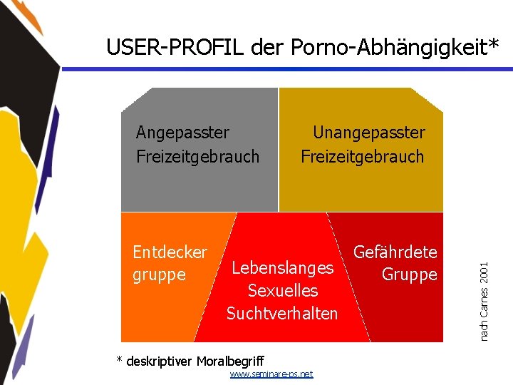 USER-PROFIL der Porno-Abhängigkeit* Entdecker gruppe Unangepasster Freizeitgebrauch Lebenslanges Sexuelles Suchtverhalten * deskriptiver Moralbegriff www.