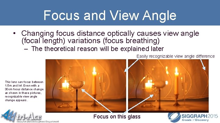 Focus and View Angle • Changing focus distance optically causes view angle (focal length)