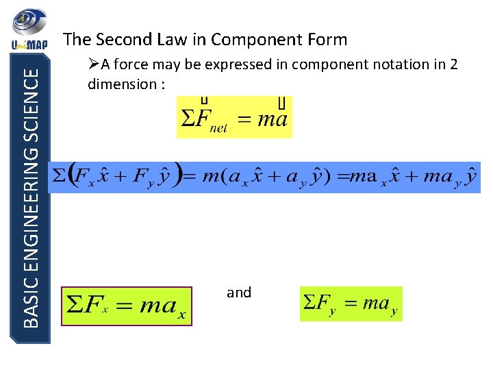 BASIC ENGINEERING SCIENCE The Second Law in Component Form ØA force may be expressed