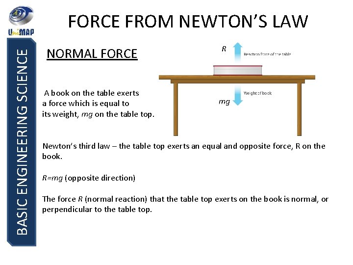 BASIC ENGINEERING SCIENCE FORCE FROM NEWTON’S LAW NORMAL FORCE A book on the table