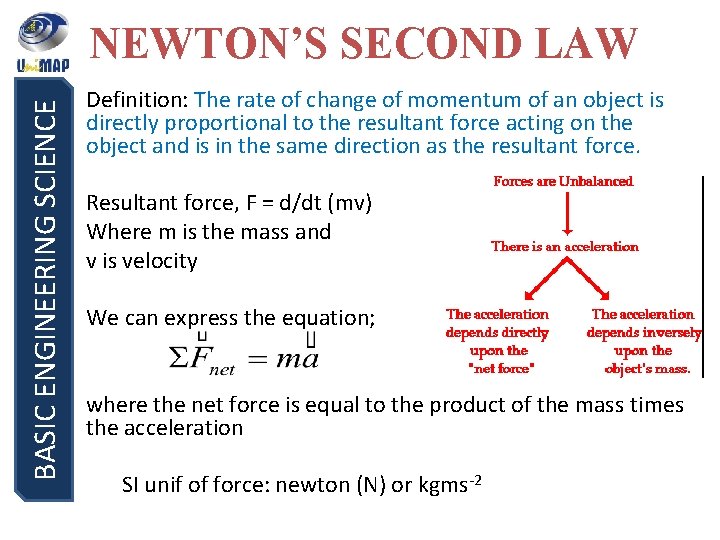 BASIC ENGINEERING SCIENCE NEWTON’S SECOND LAW Definition: The rate of change of momentum of
