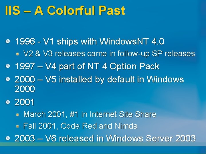 IIS – A Colorful Past 1996 - V 1 ships with Windows. NT 4.