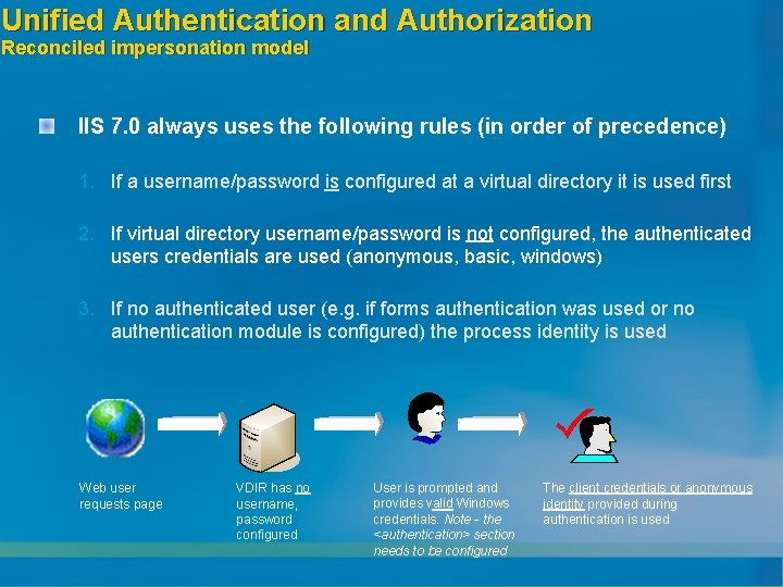 Unified Authentication and Authorization Reconciled impersonation model IIS 7. 0 always uses the following