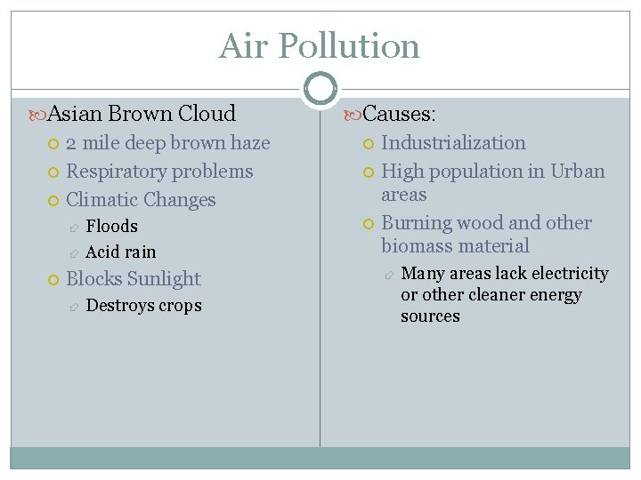Air Pollution Asian Brown Cloud 2 mile deep brown haze Respiratory problems Climatic Changes
