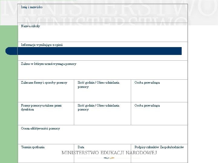 Imię i nazwisko Nazwa szkoły Informacje wynikające z opinii Zakres w którym uczeń wymaga