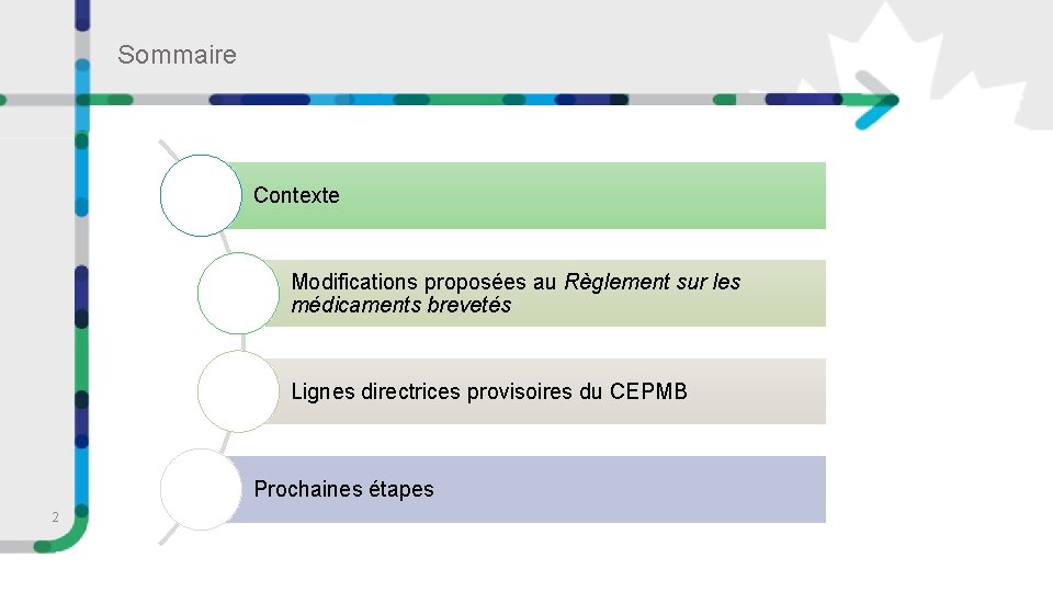 Sommaire Contexte Modifications proposées au Règlement sur les médicaments brevetés Lignes directrices provisoires du