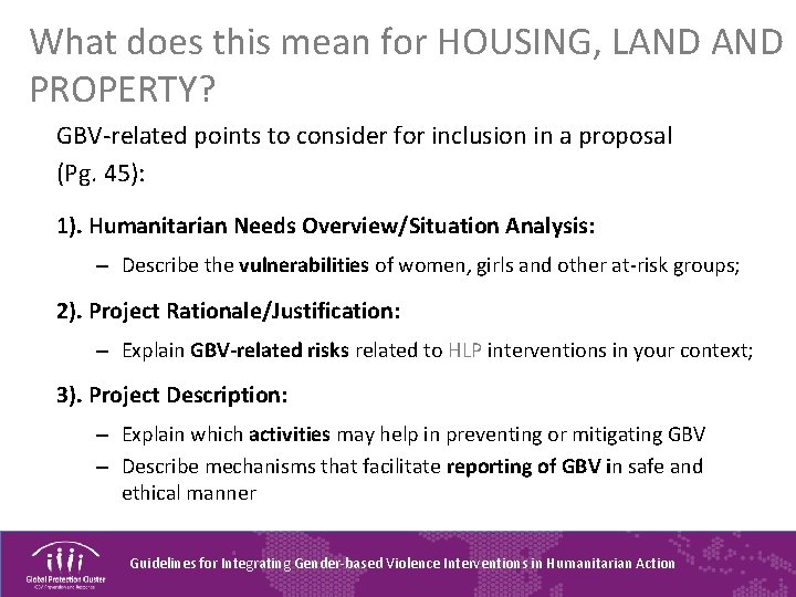 What does this mean for HOUSING, LAND PROPERTY? GBV-related points to consider for inclusion