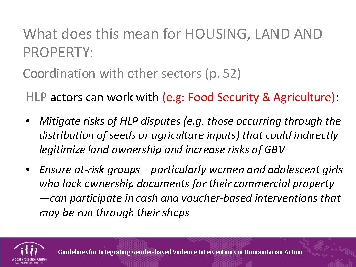 What does this mean for HOUSING, LAND PROPERTY: Coordination with other sectors (p. 52)
