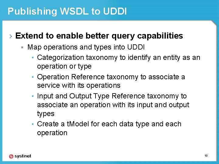 Publishing WSDL to UDDI Extend to enable better query capabilities § Map operations and