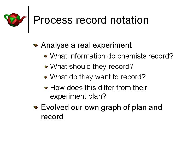 Process record notation Analyse a real experiment What information do chemists record? What should