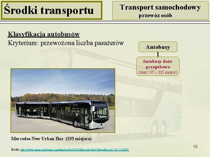 Środki transportu Transport samochodowy Klasyfikacja autobusów Kryterium: przewożona liczba pasażerów przewóz osób Autobusy duże