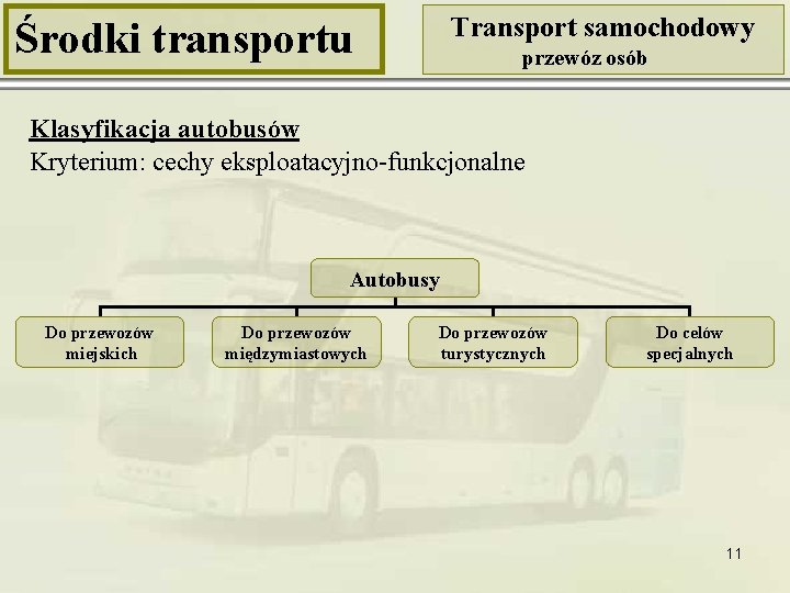 Transport samochodowy Środki transportu przewóz osób Klasyfikacja autobusów Kryterium: cechy eksploatacyjno-funkcjonalne Autobusy Do przewozów