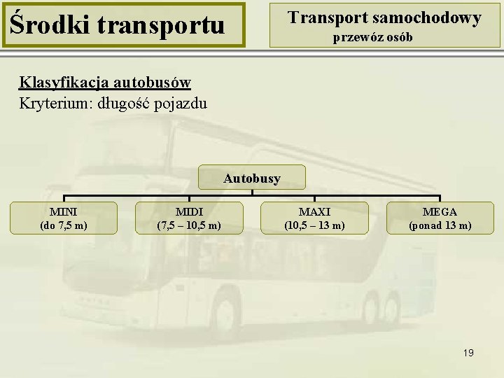 Środki transportu Transport samochodowy przewóz osób Klasyfikacja autobusów Kryterium: długość pojazdu Autobusy MINI (do