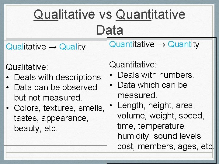 Qualitative vs Quantitative Data Qualitative → Quality Quantitative → Quantity Quantitative: Qualitative: • Deals