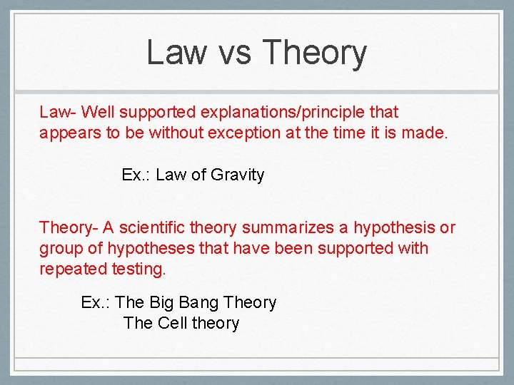 Law vs Theory Law- Well supported explanations/principle that appears to be without exception at