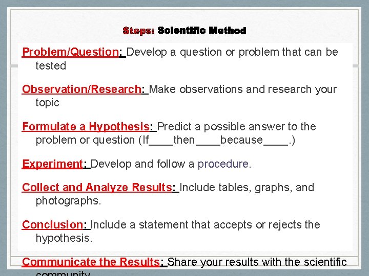 Problem/Question: Develop a question or problem that can be tested Observation/Research: Make observations and
