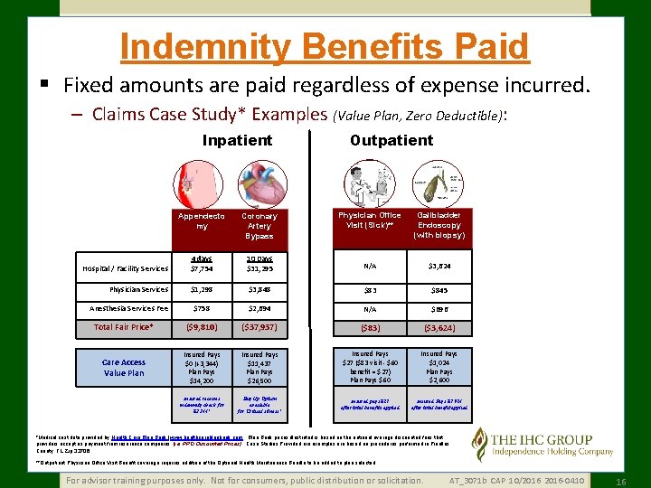 Indemnity Benefits Paid § Fixed amounts are paid regardless of expense incurred. – Claims