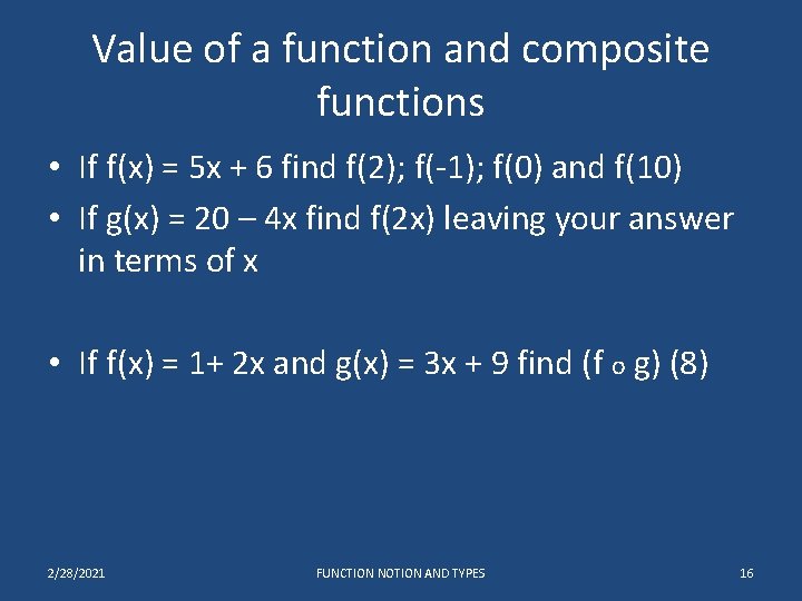 Value of a function and composite functions • If f(x) = 5 x + Value of a function and composite functions • If f(x) = 5 x +
