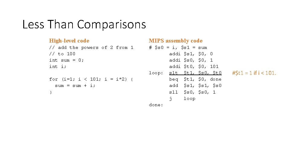 Less Than Comparisons High-level code MIPS assembly code // add the powers of 2