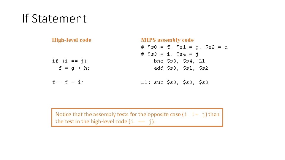 If Statement High-level code MIPS assembly code if (i == j) f = g