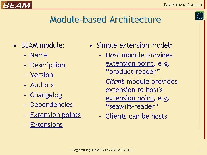BROCKMANN CONSULT Module-based Architecture • BEAM module: – Name – Description – Version –