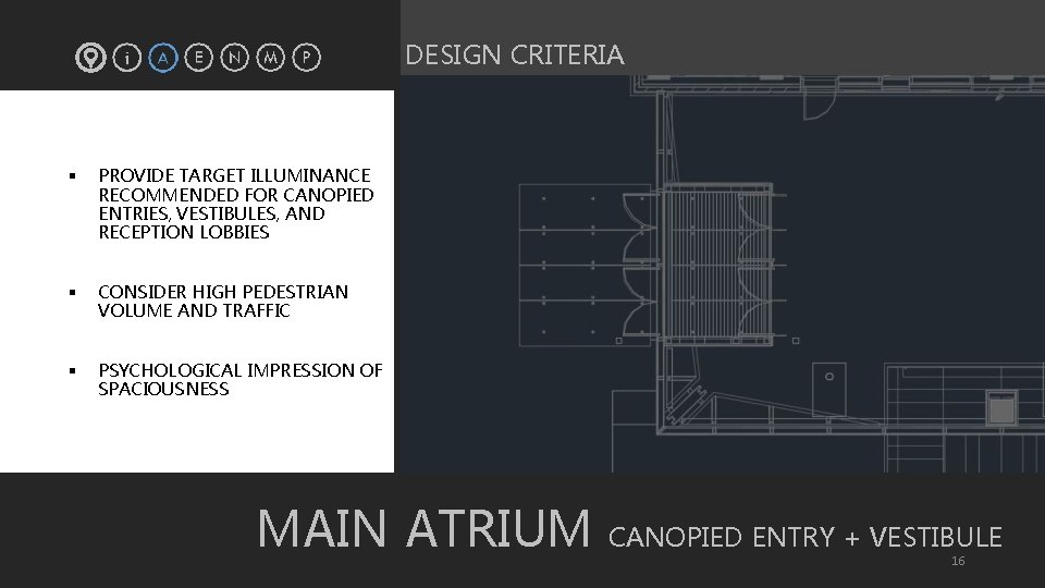 DESIGN CRITERIA § PROVIDE TARGET ILLUMINANCE RECOMMENDED FOR CANOPIED ENTRIES, VESTIBULES, AND RECEPTION LOBBIES