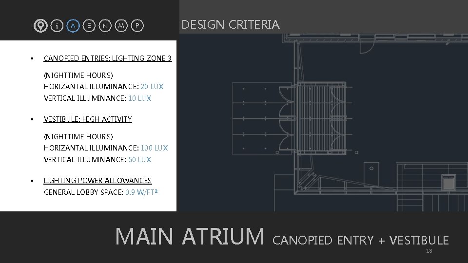 DESIGN CRITERIA § CANOPIED ENTRIES: LIGHTING ZONE 3 (NIGHTTIME HOURS) HORIZANTAL ILLUMINANCE: 20 LUX