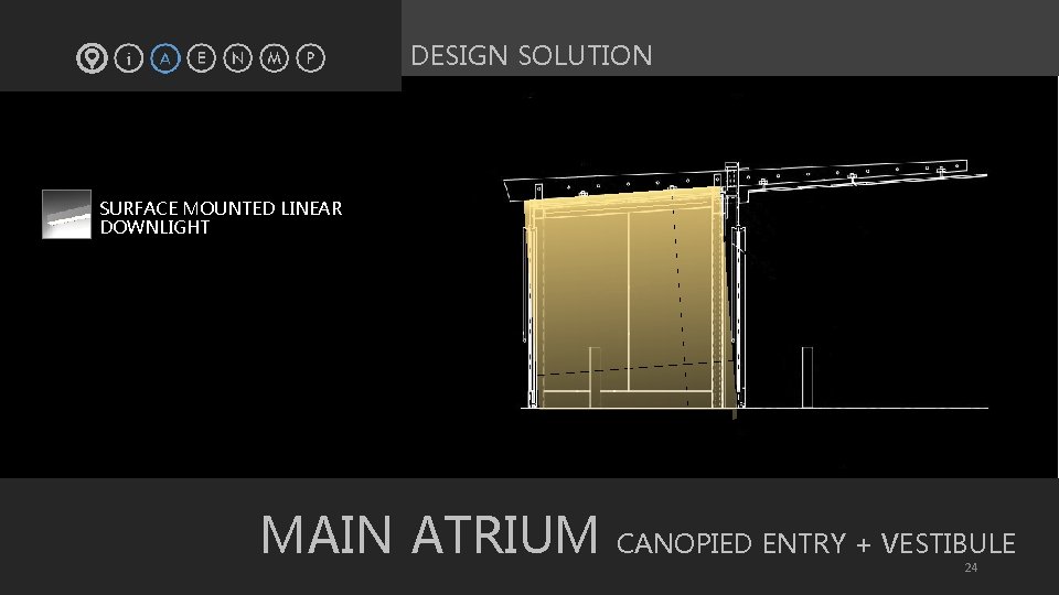 DESIGN SOLUTION § SURFACE MOUNTED LINEAR DOWNLIGHT MAIN ATRIUM CANOPIED ENTRY + VESTIBULE 24