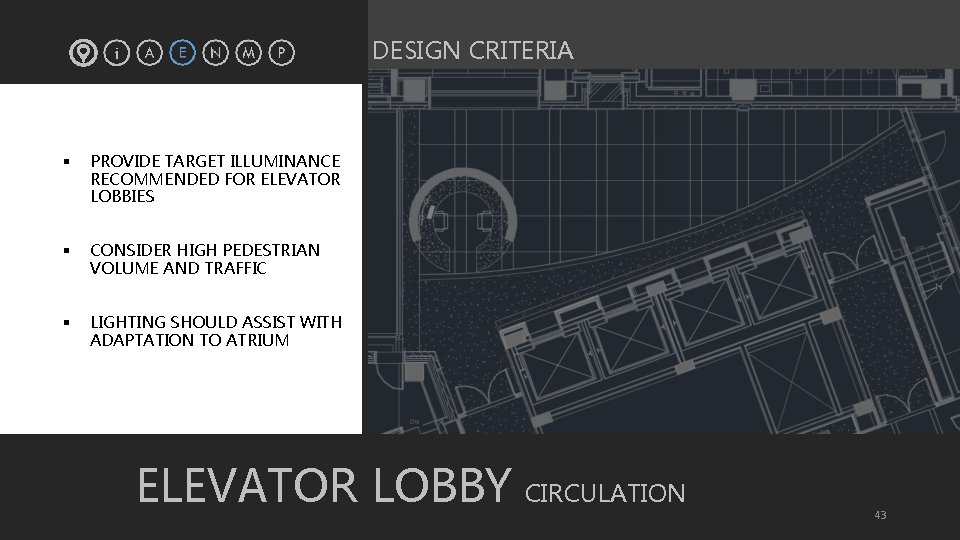 DESIGN CRITERIA § PROVIDE TARGET ILLUMINANCE RECOMMENDED FOR ELEVATOR LOBBIES § CONSIDER HIGH PEDESTRIAN