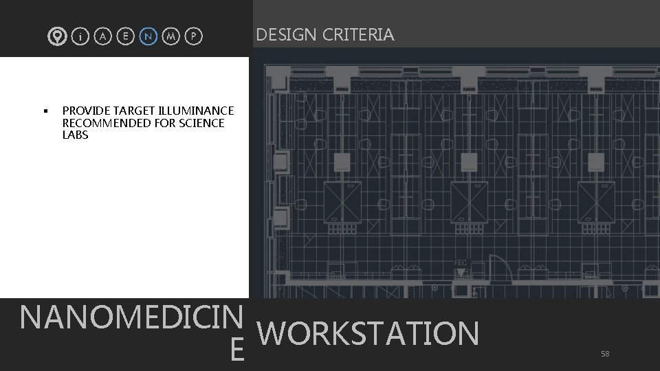 DESIGN CRITERIA § PROVIDE TARGET ILLUMINANCE RECOMMENDED FOR SCIENCE LABS NANOMEDICIN WORKSTATION E 58