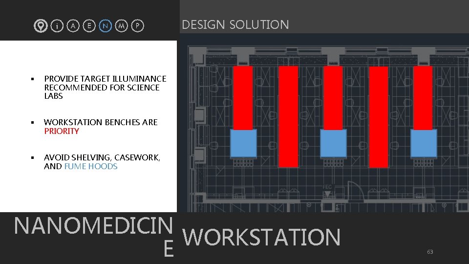 DESIGN SOLUTION § PROVIDE TARGET ILLUMINANCE RECOMMENDED FOR SCIENCE LABS § WORKSTATION BENCHES ARE