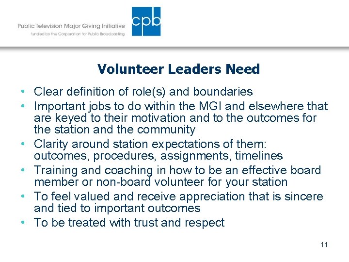 Volunteer Leaders Need • Clear definition of role(s) and boundaries • Important jobs to