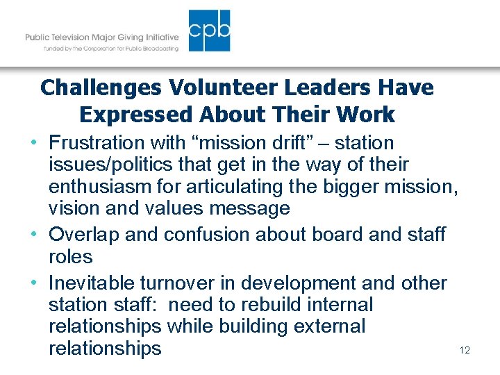 Challenges Volunteer Leaders Have Expressed About Their Work • Frustration with “mission drift” –