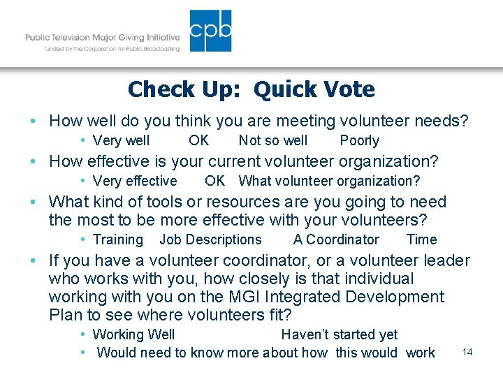 Check Up: Quick Vote • How well do you think you are meeting volunteer