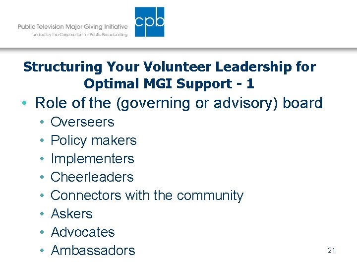 Structuring Your Volunteer Leadership for Optimal MGI Support - 1 • Role of the