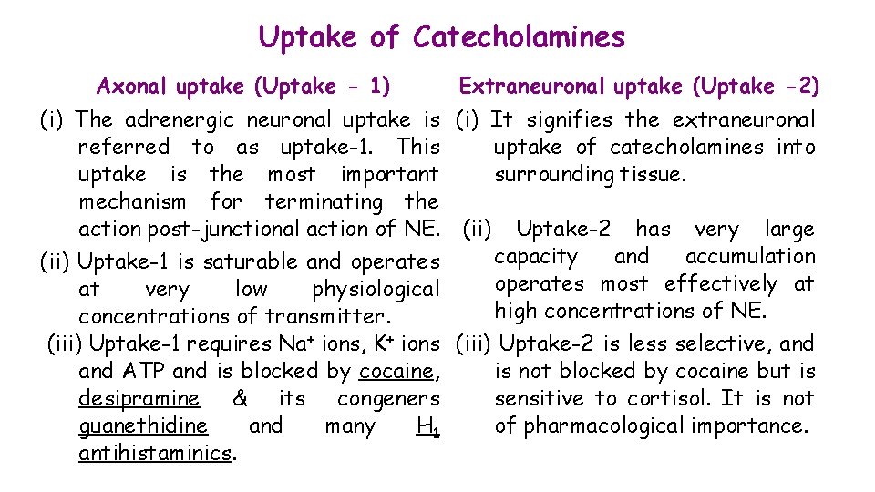 Uptake of Catecholamines Axonal uptake (Uptake - 1) Extraneuronal uptake (Uptake -2) (i) The