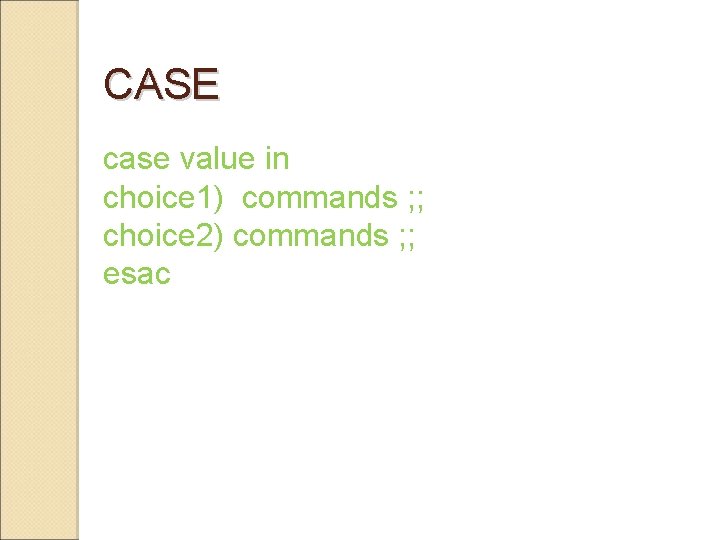 CASE case value in choice 1) commands ; ; choice 2) commands ; ;
