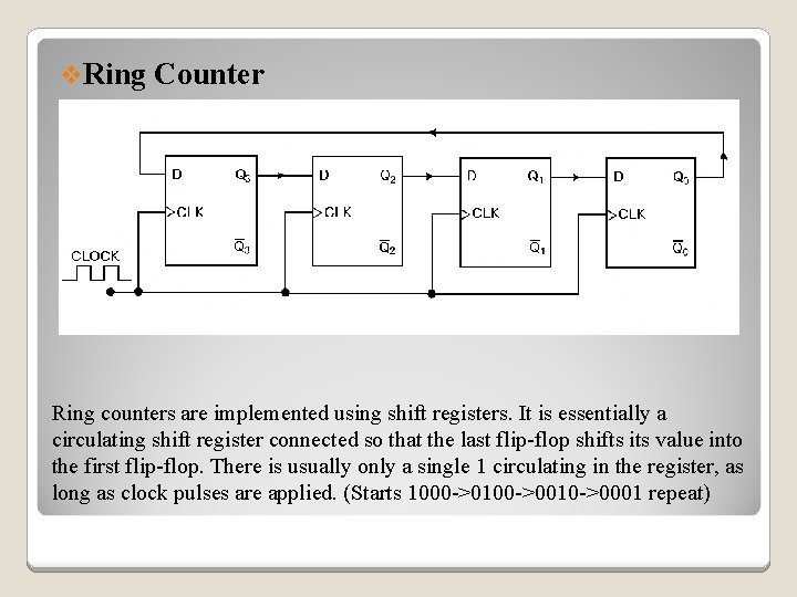 v. Ring Counter Ring counters are implemented using shift registers. It is essentially a